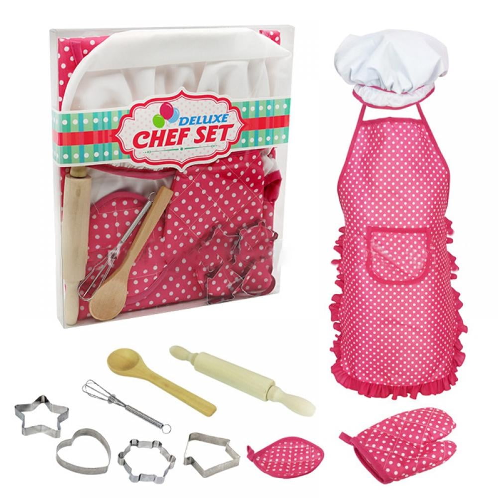 Mitt & Utensil for Toddler Dress Up Chef Costume Career Role Play for 3 Year Old Girls and Up. Chef Hat 11 Pcs Includes Apron for Little Girls Kids Cooking and Baking Set 