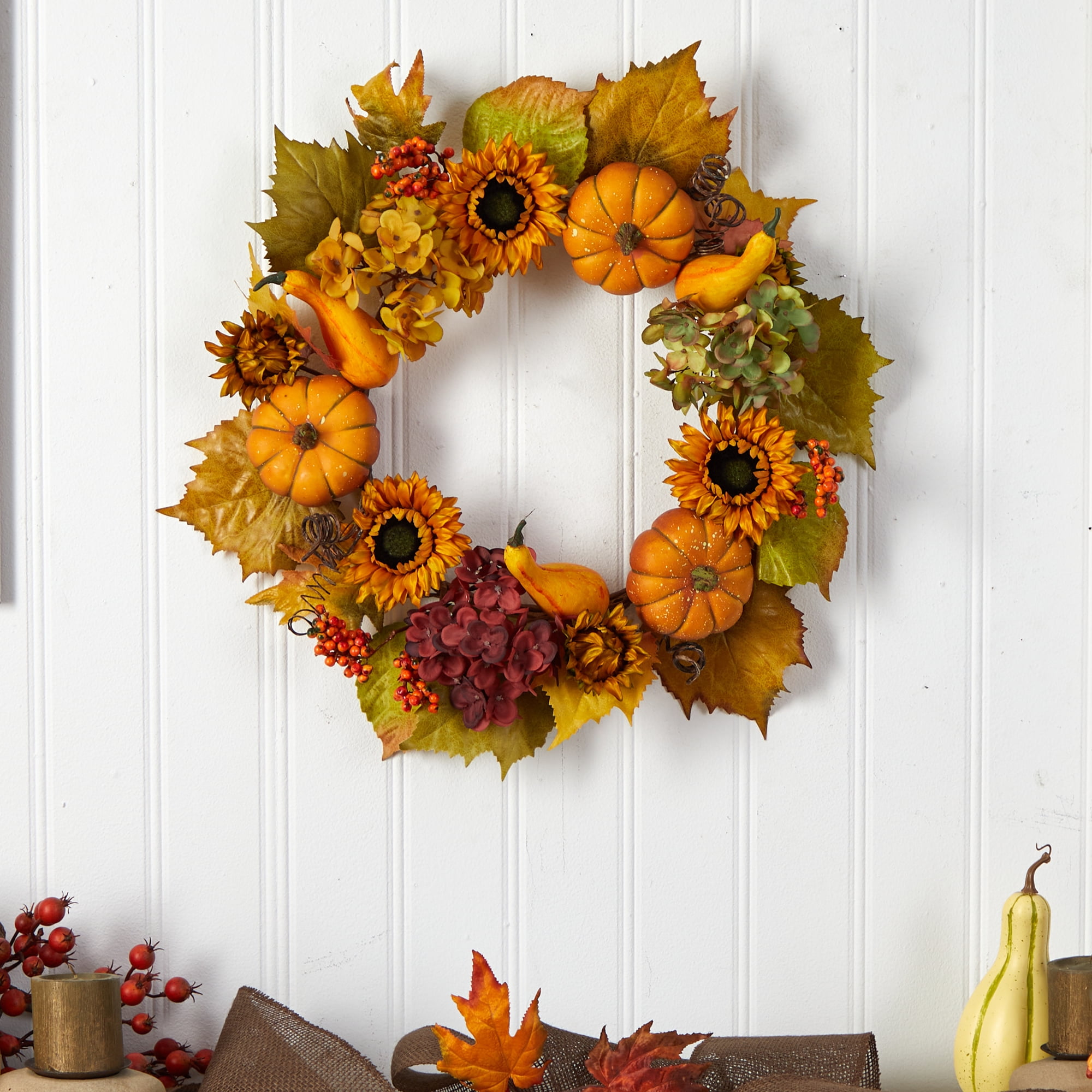 Nearly Natural Plastic Hydrangea Artificial Fall Wreath, with Pumpkins and Sunflower, 22" (Multicolor)