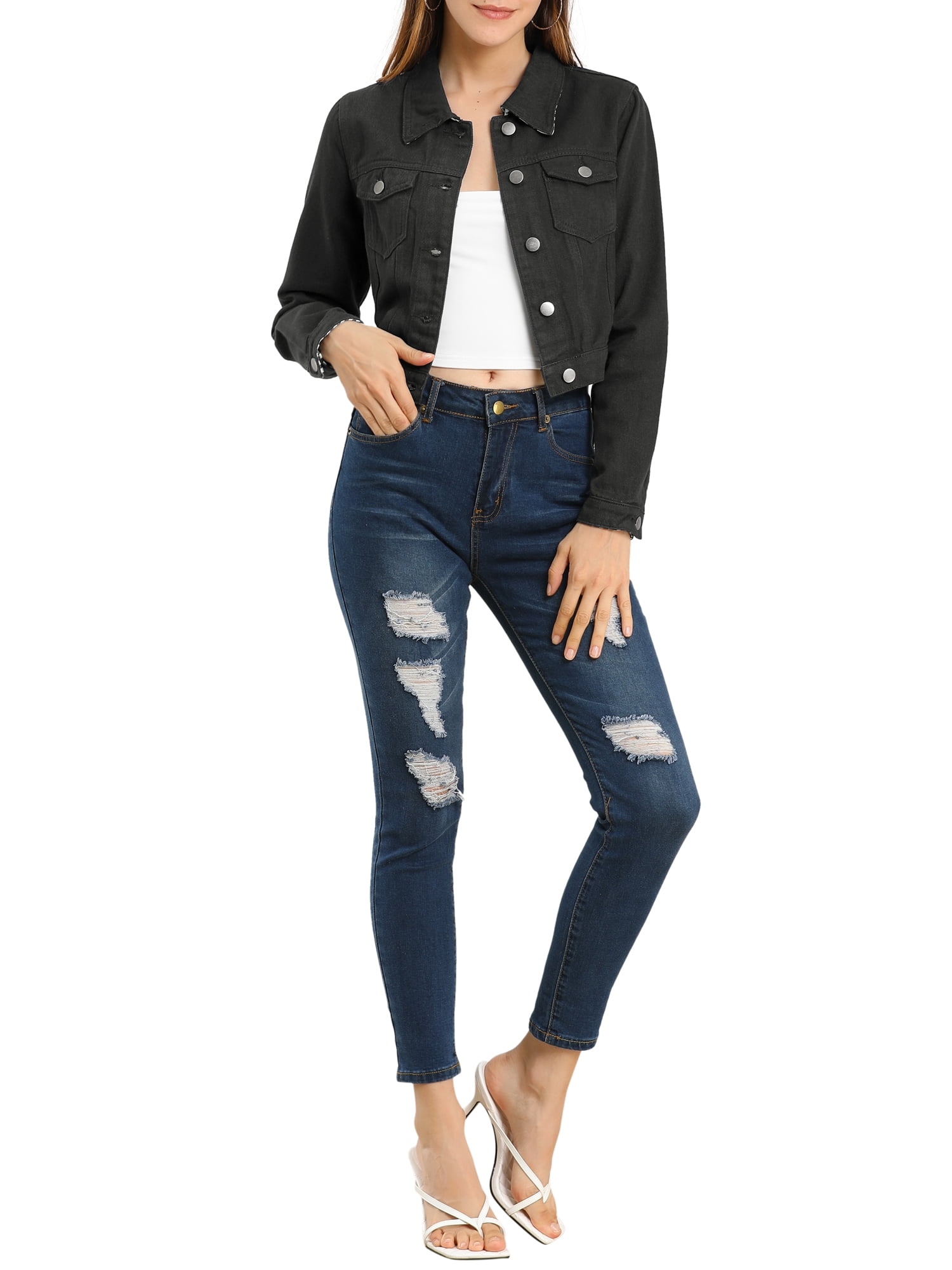 DARING DIVA Women's Button Down Long Sleeve Cropped Denim Jacket M Black