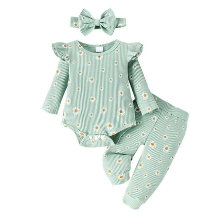 

Girl s Clothes Outfits Casual Baby Toddler Kids Sets Long Sleeve Ruffles Romper Bodysuit Floral Print Pants Headbands Lovely Playwear Suits Green 9-12 Months