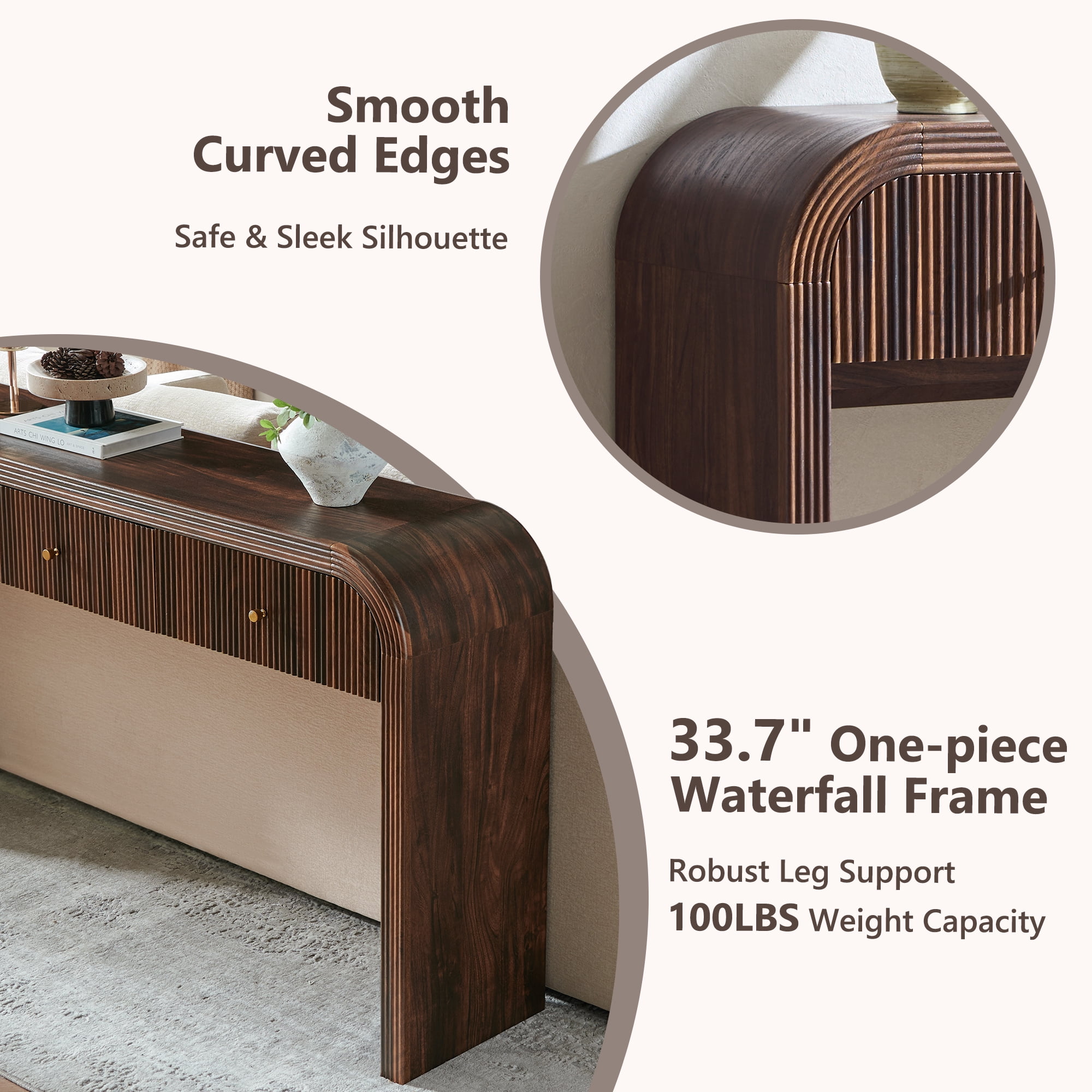 KeyWhat 63" Modern Fluted Console Table with 3 Drawers, Curved Edges & Anti-Tip Safety Kit