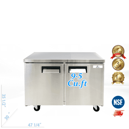 Cooler Depot 47 inch 9.55 cu.ft, 35 1/2" heigh Commercial Undercounter  refrigerator, 2 Solid Doors, Stainless steel exterior, NSF certified.
