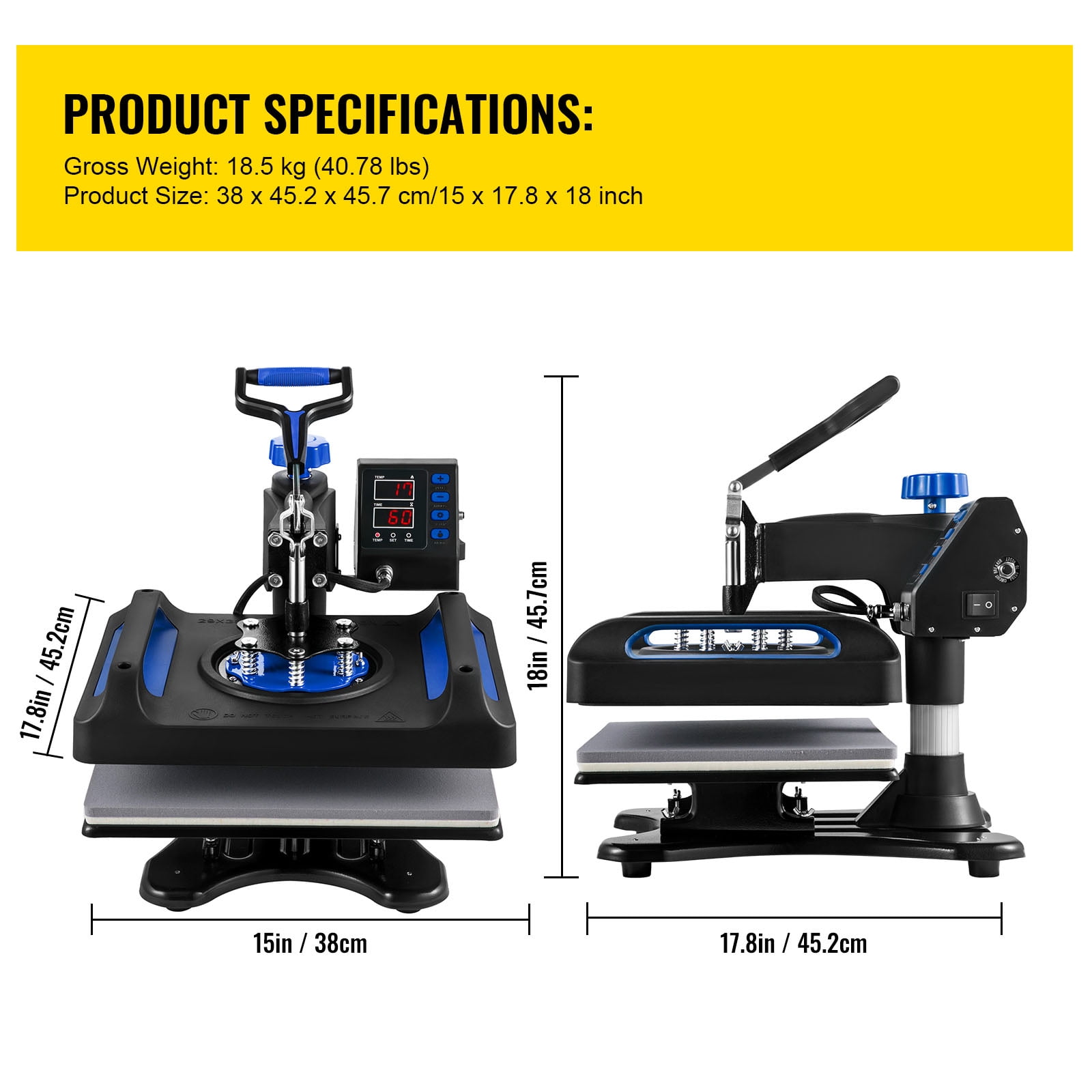 BENTISM Heat Press Machine 8 in 1,12" x 15" Dual-Tube Heating Press Sublimation Machine 360° Rotation Swing Away T-Shirt Printing Machine Dual-Tube Heating for DIY T-Shirts Cap & Mugs Blue
