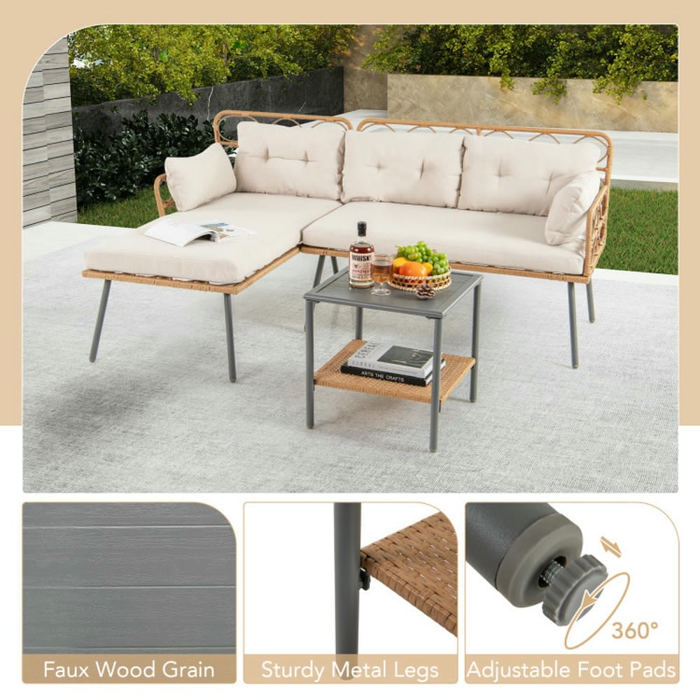 GVN Backyard Furniture Sets,Outdoor Furniture Sets,3 Pieces Corner Patio Furniture with Small Coffee Table-Beige