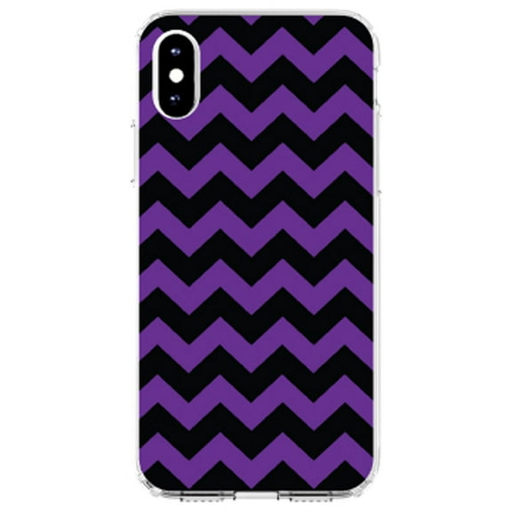 DistinctInk Clear Shockproof Hybrid Case for iPhone XR (6.1" Screen) - TPU Bumper, Acrylic Back, Tempered Glass Screen Protector - Black Purple Chevron Stripes - Chevron Stripes Pattern