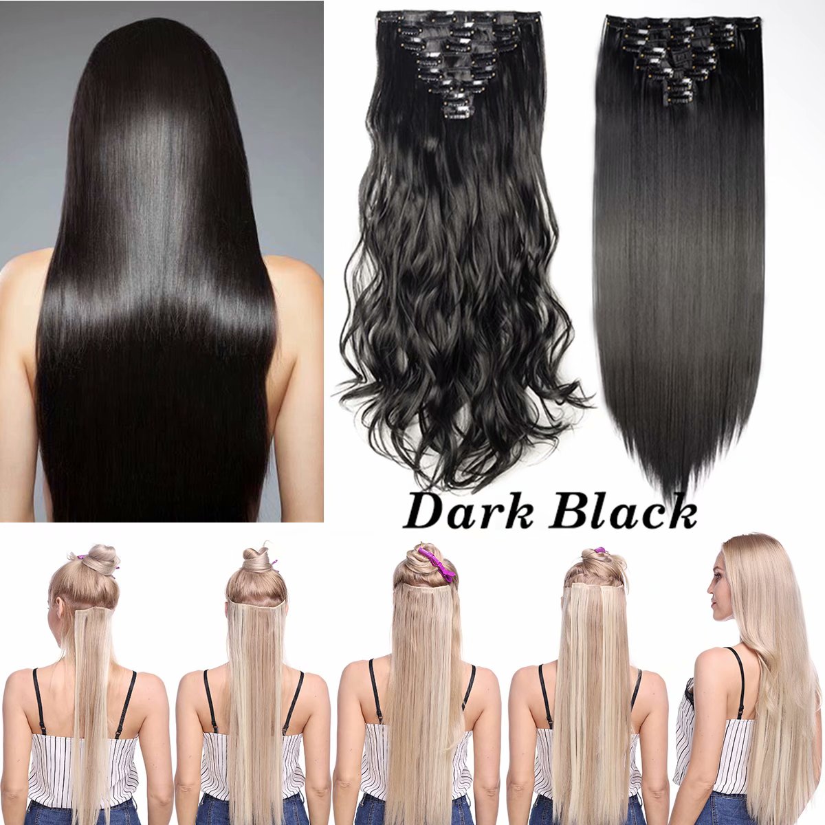 Benehair Clip in Hair Extensions Full Head Long Thick 8 Pieces Hair 18 Clips Curly Wavy Straight Hairpieces 100% Real Natural as Human Best Hair Set 24'' Curly Dark Black - image 3 of 11