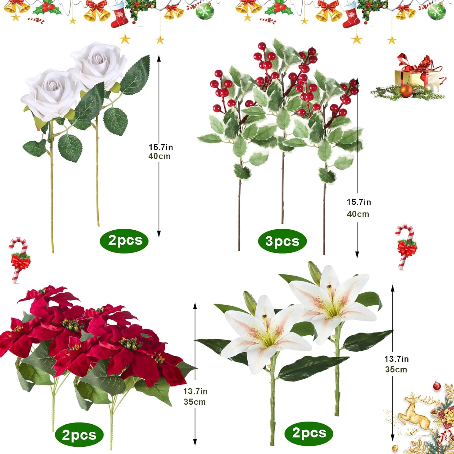 Artificial Poinsettia Bouquet Flowers Head Christmas Flowers Silk Floral Arrangement Lily Rose with Red Berries for Porch Home Table Decor Indoor Outdoor Xmas Holiday Party