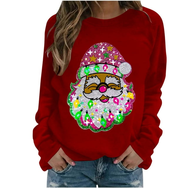 lcziwo Chandails de Noël pour Femmes Mignon Chandail Graphique de Noël avec Père Noël Imprimé Manches Longues Col Rond Chandail Doux Léger Chandails Rouges,G