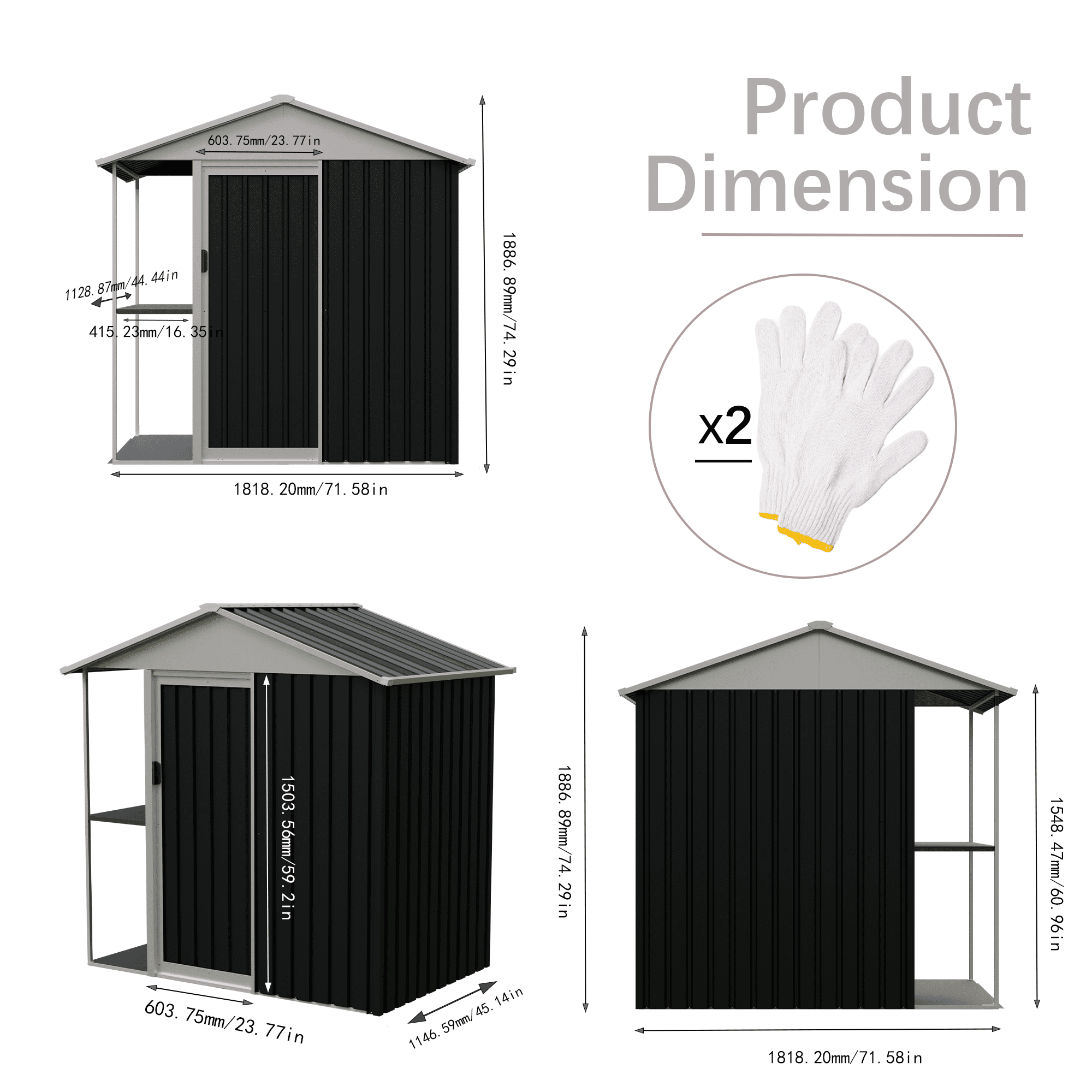 Mintazer 6x4 ft Gable Roof Outdoor Metal Storage Shed with External Side Storage Rack & Lockable Single Door, Weatherproof Small Garden Tool Storage House for Backyard Patio Lawn, Black