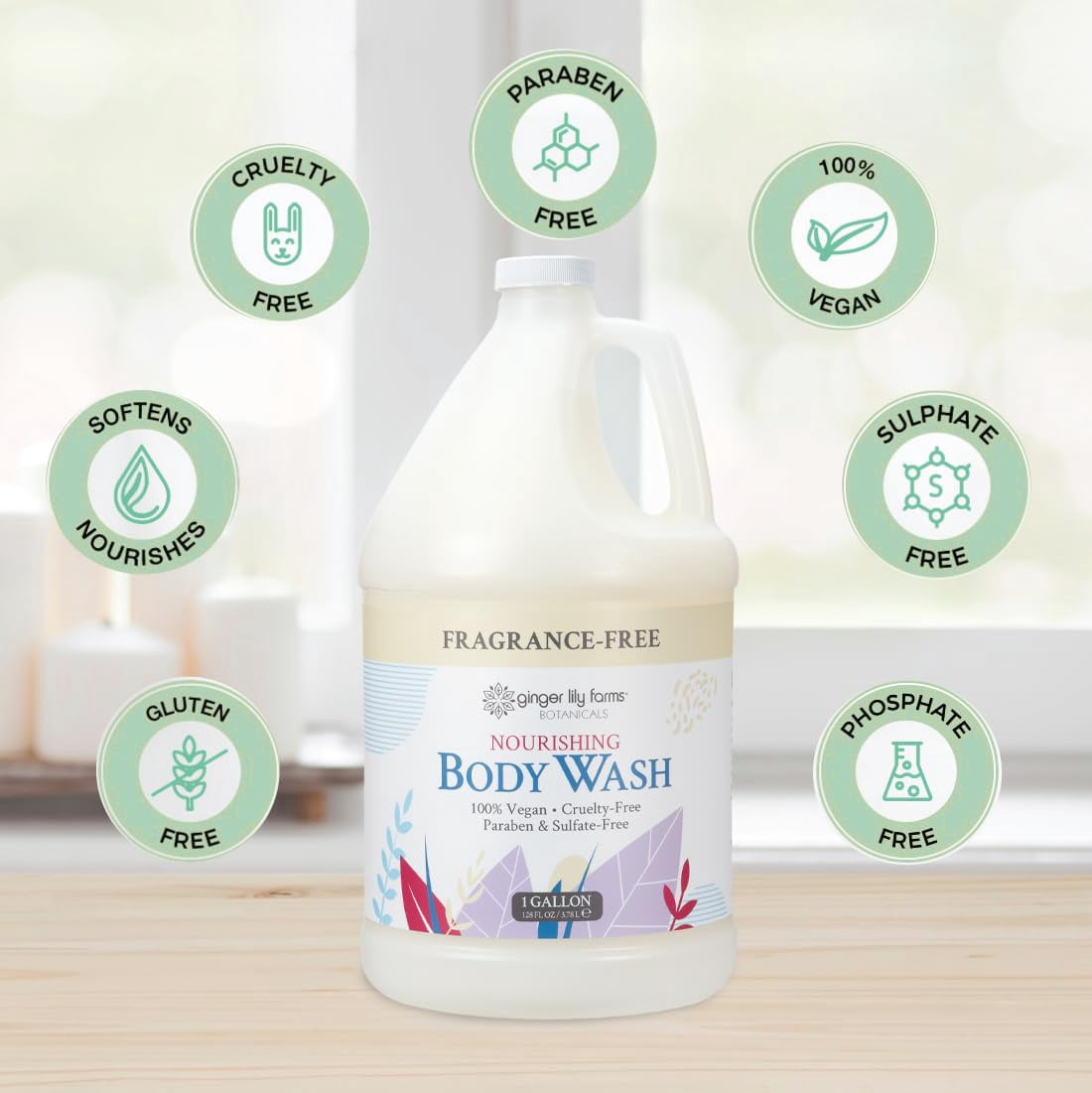 Ginger Lily Farms Botanicals Nourishing Body Wash, 100% Vegan & Cruelty-Free, Fragrance Free, 1 Gallon (128 fl oz) Refill