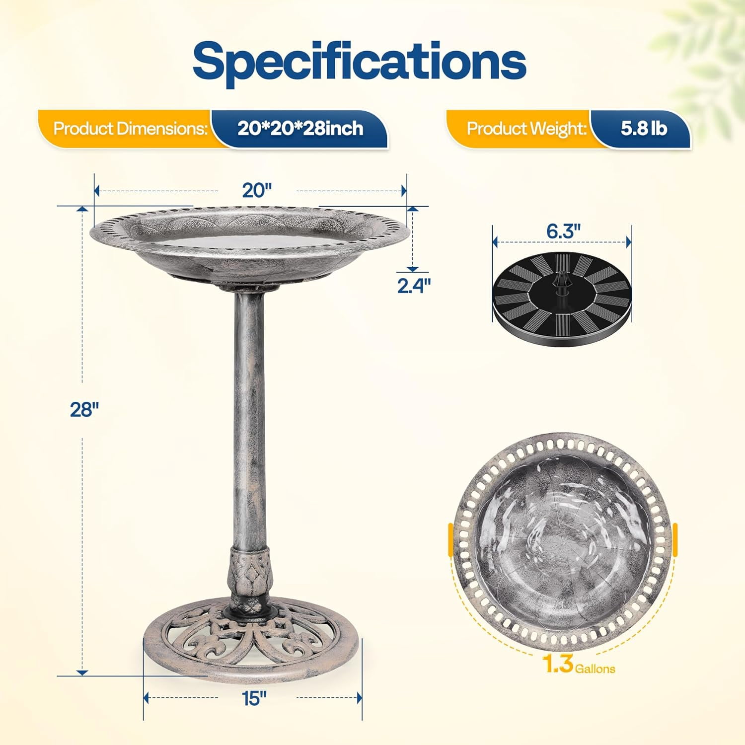 SPECSTAR Bird Bath, Polyresin Antique Outdoor Gray Garden Birdbath and Solar Powered Round Pond Fountain Combo Set