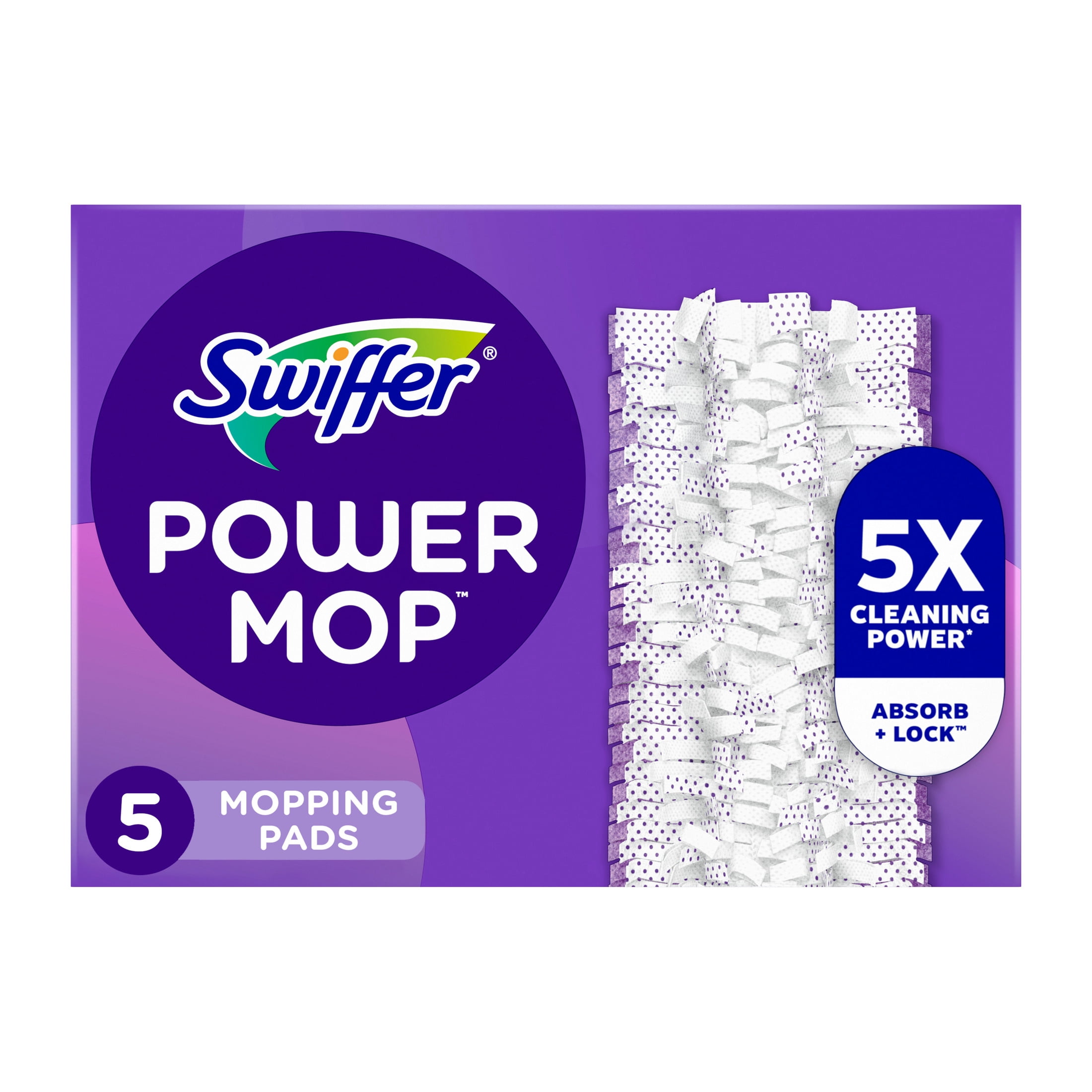 Swiffer Power Mop Refill Pack, Tile, Laminate, Wood, Floor Cleaner, 5 Pads + 1 Gain Solution