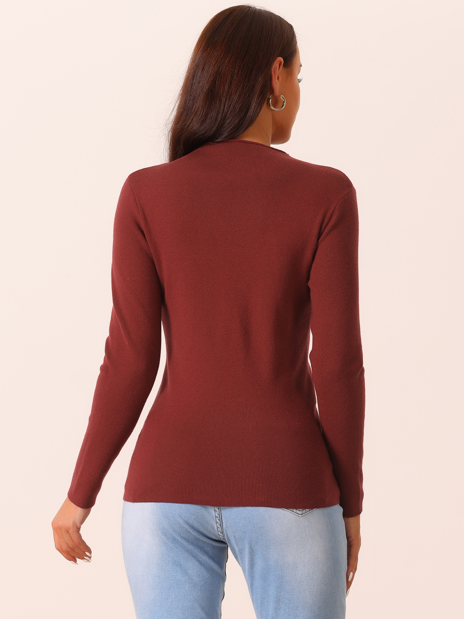 DARING DIVA Mock Neck Ribbed Knit Slim Fit Pullover Sweater Top L Wine Red