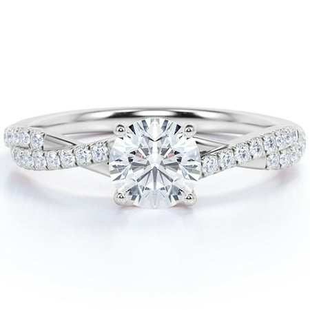 JeenMata Twisted Infinty Shank - 1 TCW Round Cut Moissanite - Engagement Ring with Pave Accents - 18K White Gold Plating over Silver