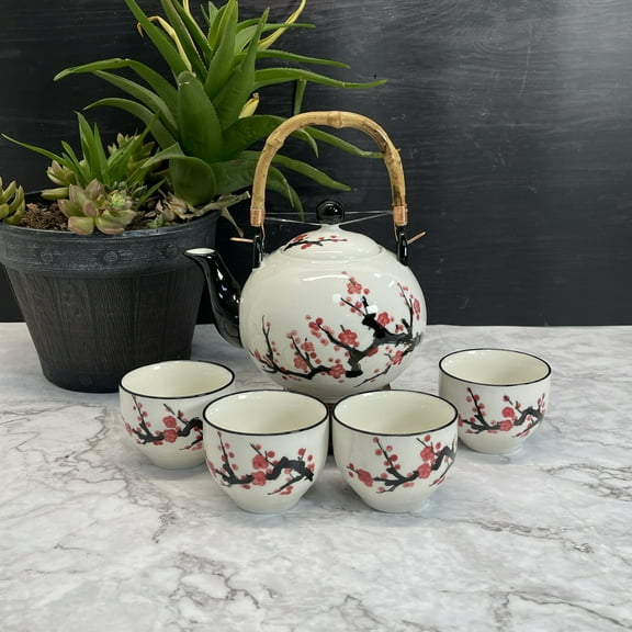 Oriental Style Plum Blossom Ceramic Kung Fu Tea Set, Teapot with Rattan Handle and 4 Tea Cups