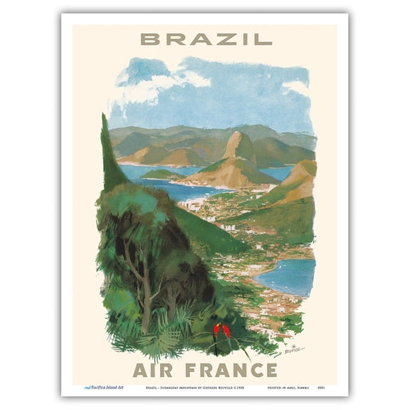 Brazil - Sugarloaf Mountain - France - Vintage Airline Travel Poster by Georges Beuville c.1958 - Master Art Print (Unframed) 9in x 12in