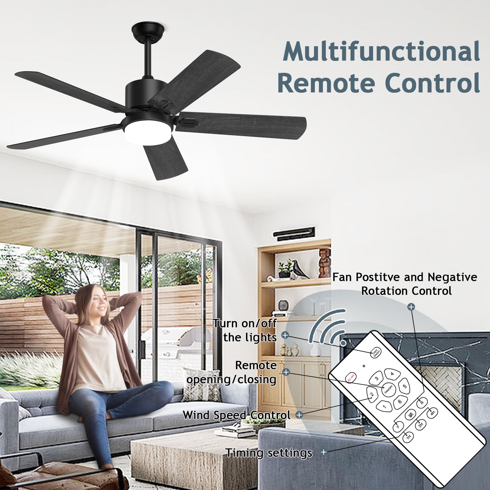 XAUJIX Ceiling Fan with Light and Remote Control, 52'' Black Ceiling Fan with Light, 6-Speed Reversible DC Motor, 5 Wood Fan Blades XAUJIX Ceiling Fan with Light and Remote Control, 52'' Black Ceiling Fan with Light, 6-Speed Reversible DC Motor, 5 Wood Fan Blades