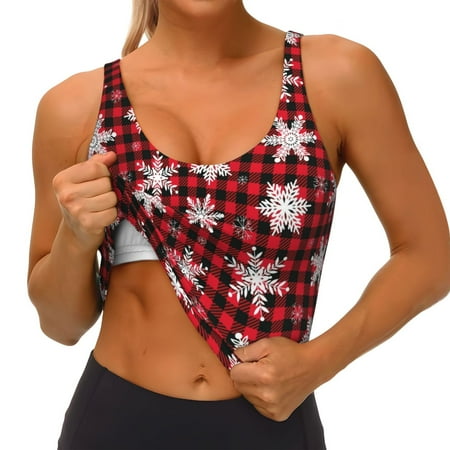 Qokaie Snowflakes On A Buffalo Plaid Christmas Pattern Womens Scoop Neck Sports Bra Breathable Workout Vest Padded U Back Medium Impact Fitness Gym Yoga Bra Workout Crop Top