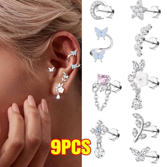 9Pcs 16 Gauge Cartilage Earrings Helix Earrings for Women Stainless Steel Helix Piercing Jewelry Leaf Butterfly CZ Studs Flat Back Cartilage Earrings Set