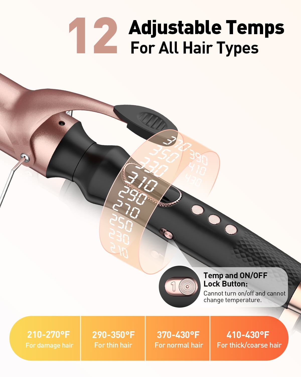 1 1/2 inch Curling Iron,100-240V Dual Voltage Culing Wand,Long Barrel Curling Iron Hair，Fast Heating Hair Curler with 12 Heat Settings with LED Display