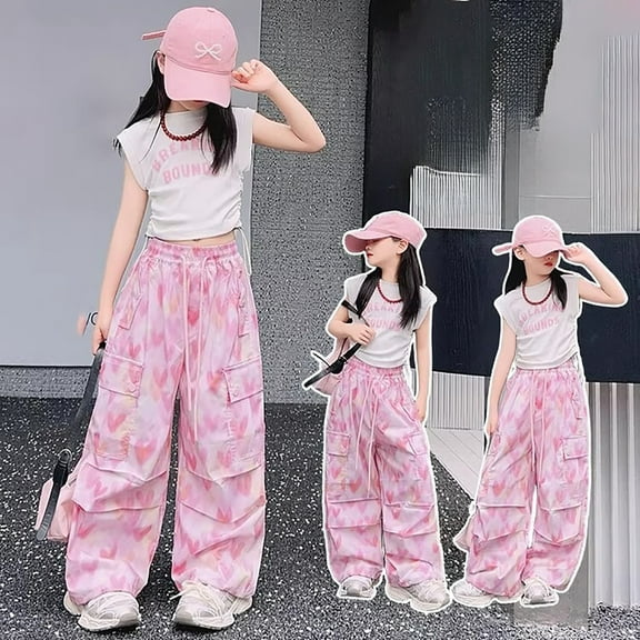 Girls Cargo Pants Classic Baggy Pants Elastic High Waisted Pink Cargo Pants with Pockets Outfits for Girls 12-13 Years