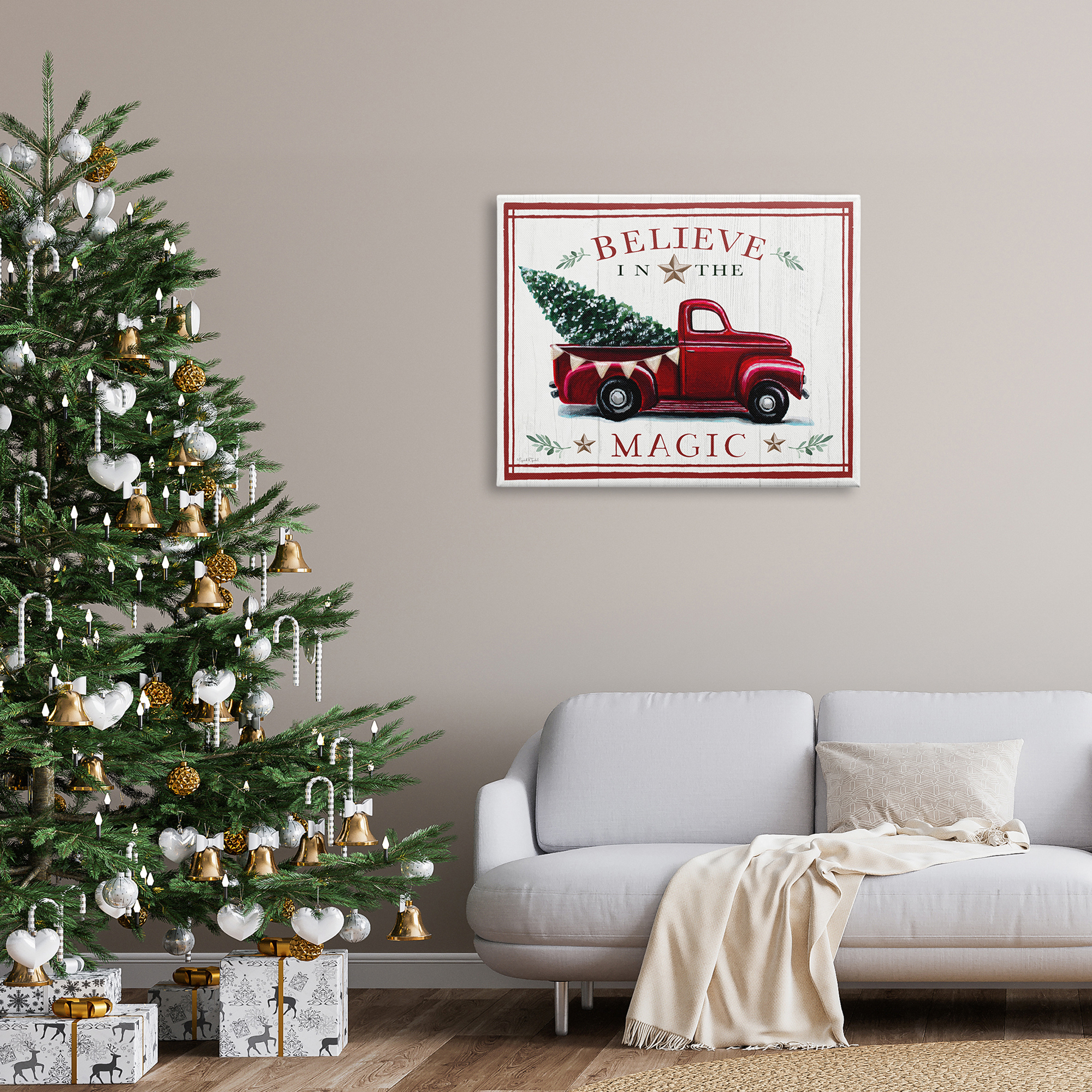 Believe In Magic Red Vintage Truck Country Holiday Tree Transportation Graphic Art Gallery-Wrapped Canvas Print Wall Art