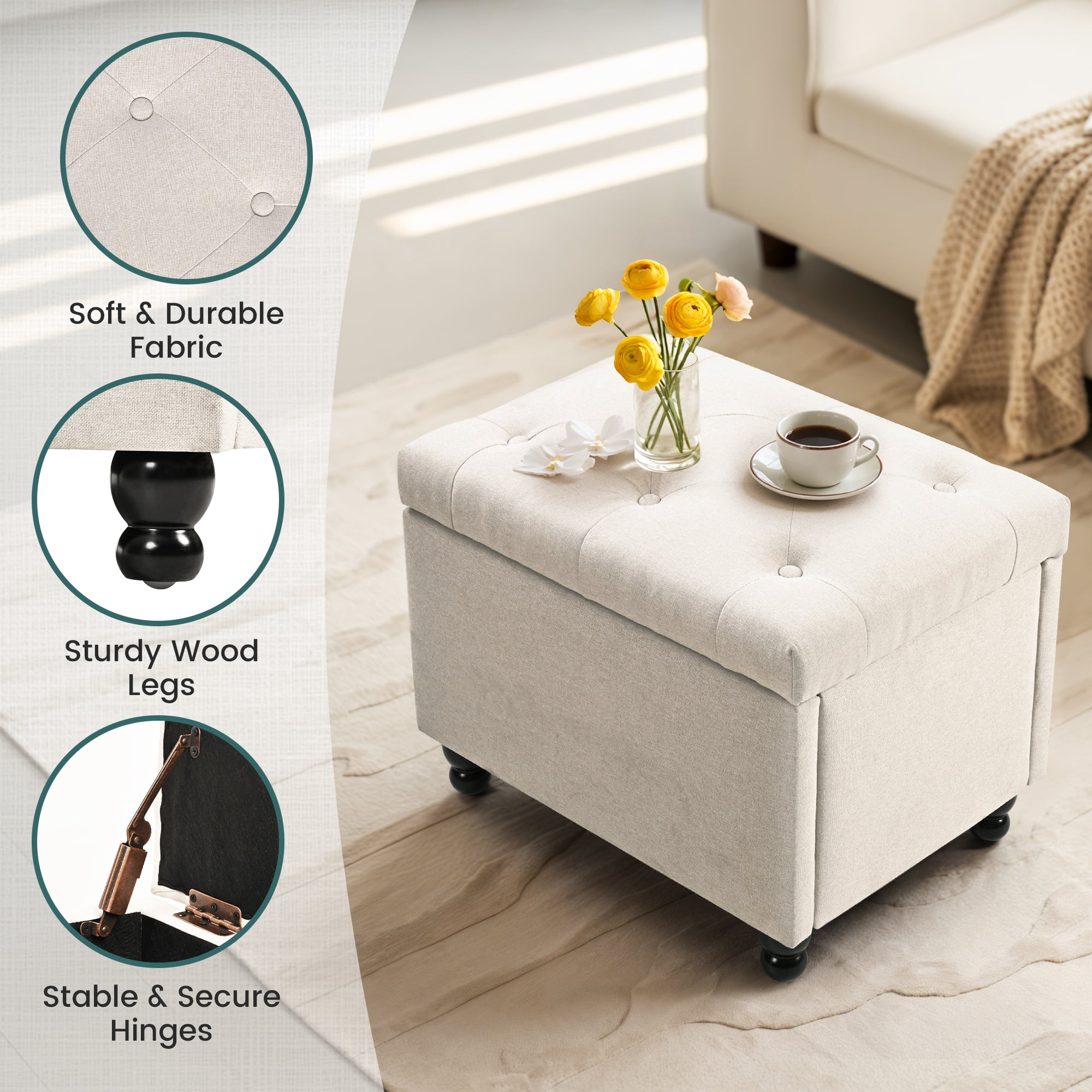 Pamapic 24“ Rectangle Upholstered Storage Ottoman, Fuax Linen Shoe Stool in Beige for Entryway
