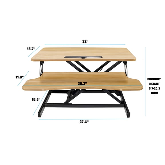 New 32 Inch Desk Converter, Height Adjustable Sit to Stand Riser, Dual Monitor and Laptop Workstation with Wide Keyboard Tray, Standing Computer Desk, Natural Color