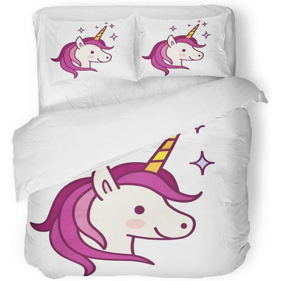 HATIART 3 Piece Bedding Set Cute Unicorn with Pink Mane Simple Flat Line Doodle Contemporary White Magical Twin Size Duvet Cover with 2 Pillowcase for Home Bedding Room Decoration