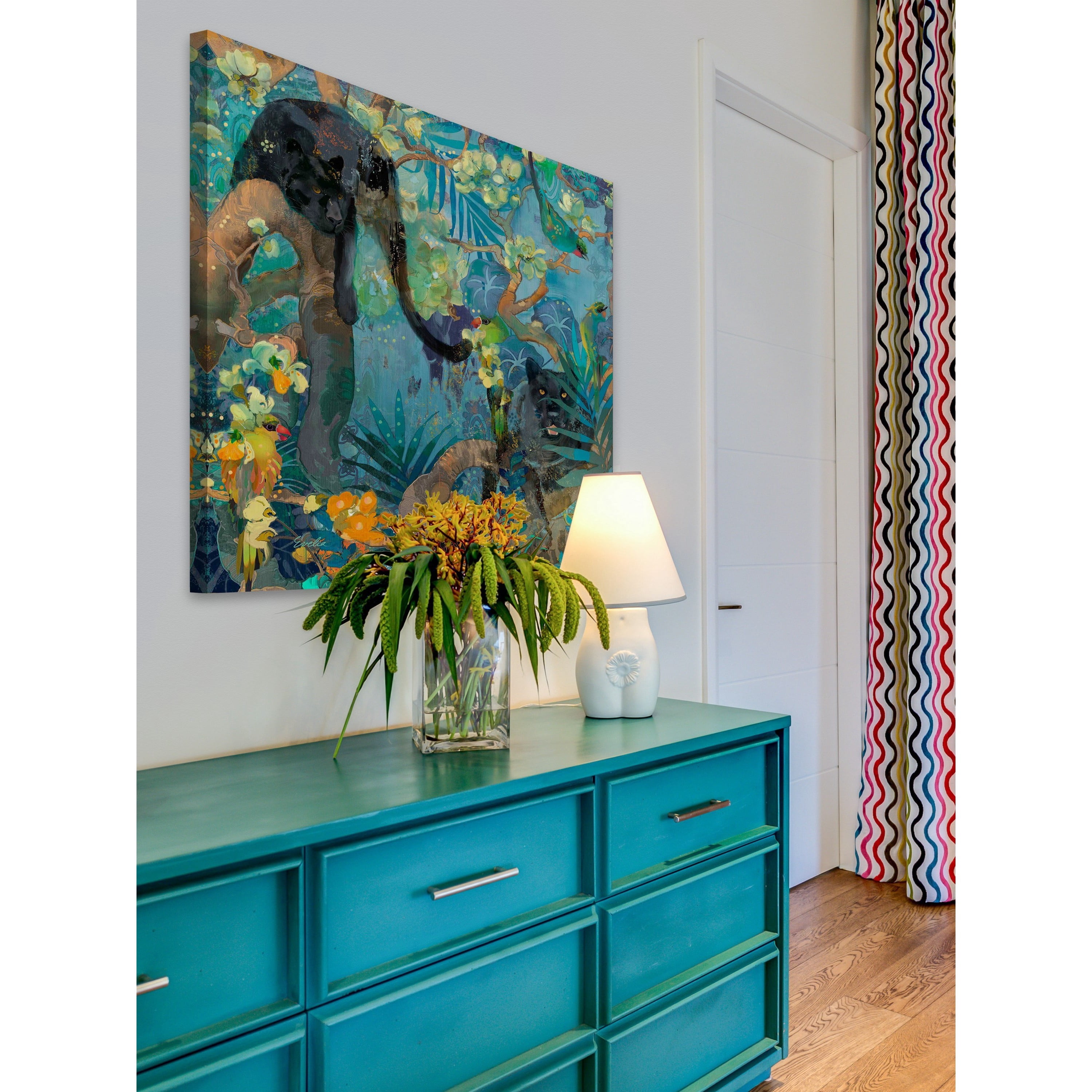 "Jaguar and Green Parrots" Painting Print on Wrapped Canvas