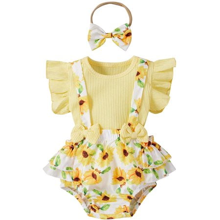 

Letiane Newborn Infant Baby Girls Shorts Sets Floral Ruffle Romper Bodysuit + Suspender Short Pant + Headband Outfits 3pcs Set
