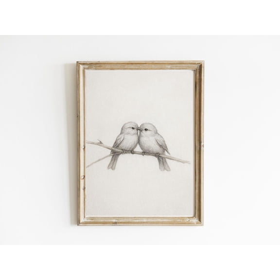 Lovebirds Pencil Sketch Art Poster: Romantic Cottagecore Decor, Unframed Poster Size 8x12