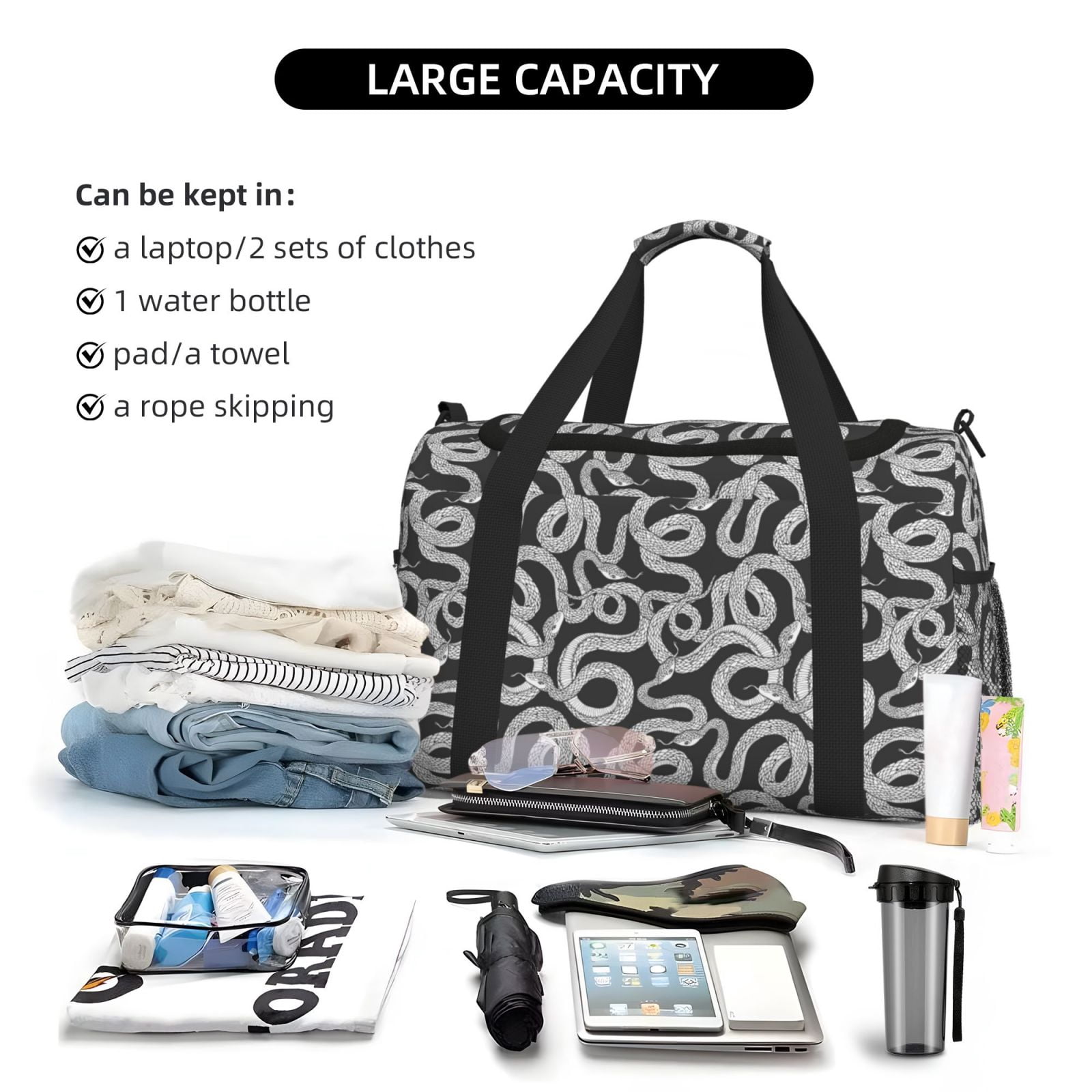 Fuzoiu Snake Print Travel Duffle Bag,Carry On Tote Bags,Duffel Bag,Sport Gym Bag, Hospital Bag for Labor and Delivery, Overnight Bag,Luggage Bag