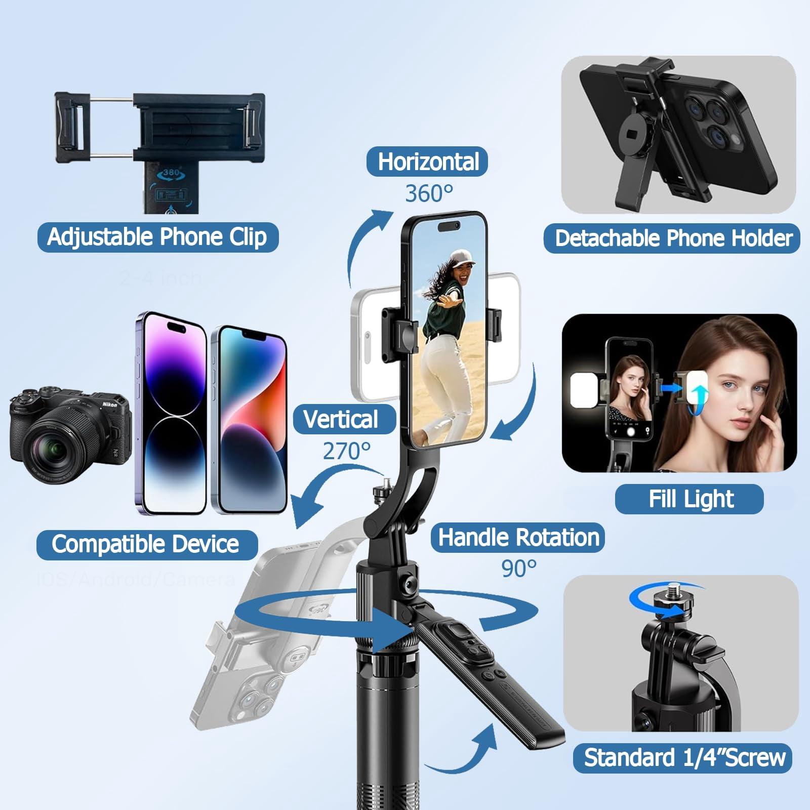 ORMOS AutoTracking Selfie Stick Tripod, Aluminum Alloy & ABS, Universal Smartphone Holder, Black, 360° Smart Rotation with Gesture Recognition, 69.3 Inches Maximum Height