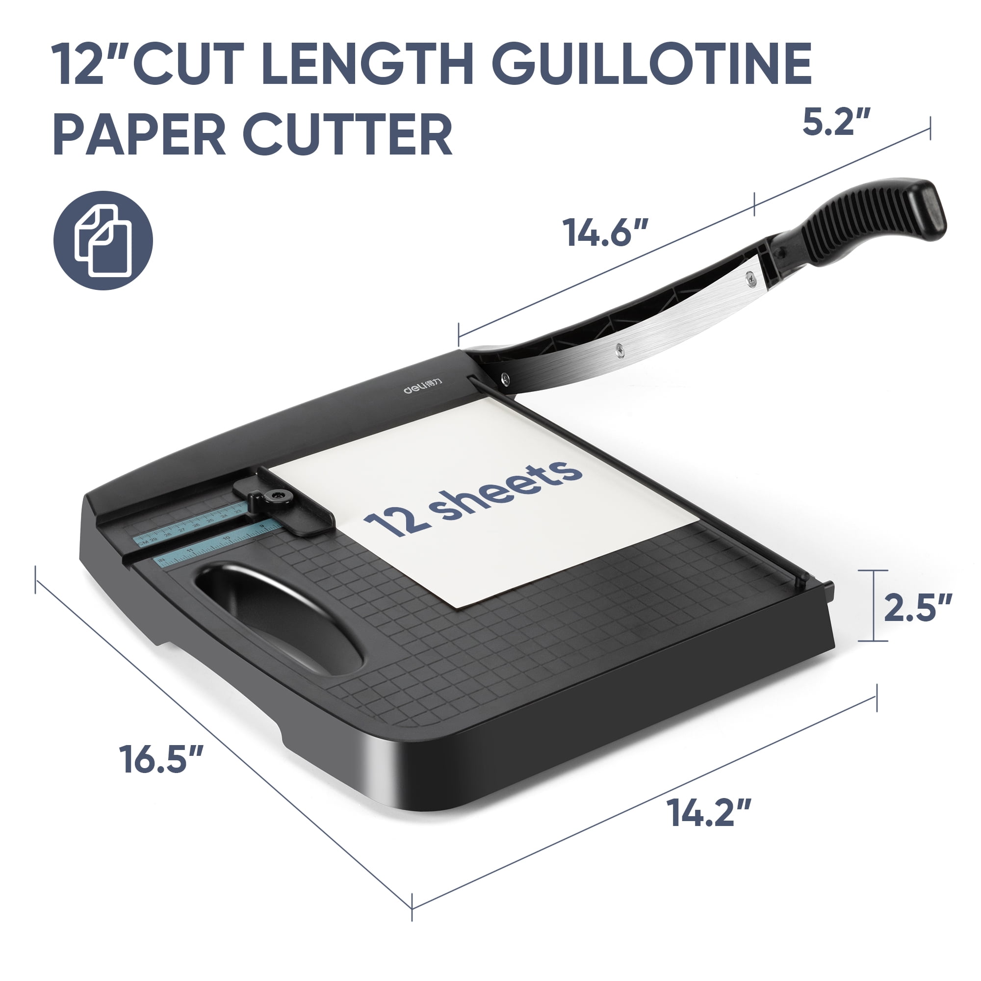 Deli  Multi-Purpose Guillotine Trimmer, 12" Cut Length Heavy Duty Paper Cutter Photo Guillotine Craft Machine, 12 Sheets Capacity for Standard Cutting of Paper, Photos or Labels