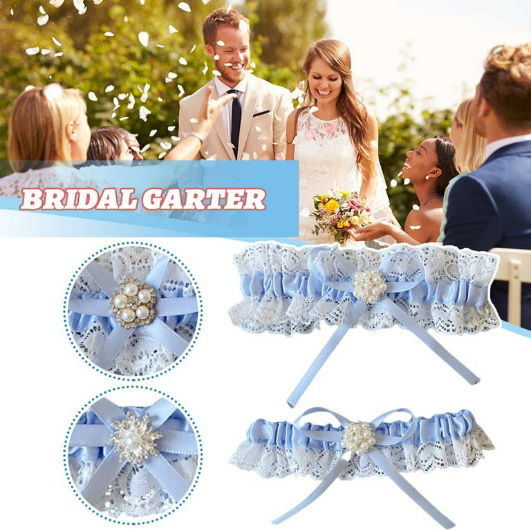Lace Blue Pearl Bridal Garter with Light Blue Diamonds Wedding Bridal  Garters Lace Stretch Floral Belt Leg Ring Set Gift for Bride
