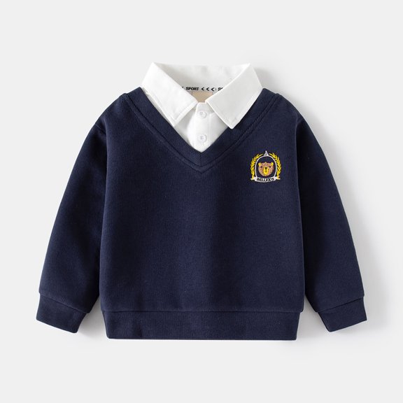 RUTAYY Boys Sweatshirt Long Sleeve Turndown Collar Cute Embroidery Kids Layering Pullover Navy