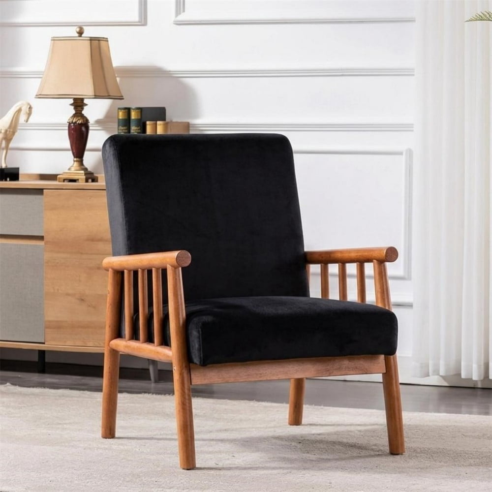 Mid Century Modern Accent Chair, 25" Wide Upholstered Armchair with Solid Wood Frame, Padded Seat & Arms, Black Velvet Lounge Chair for Living Room & Bedroom, Black