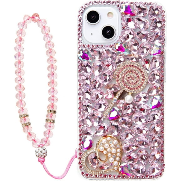 for iPhone 14 Bling Glitter Case, Girls Women Kids 3D Luxury Sparkle Diamond Crystal Rhinestone Lollipop Protective with Strap Case Cover for iPhone 14 6.1 inch (Pink)