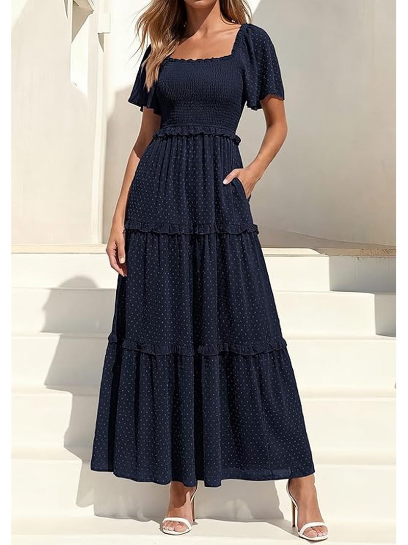 casual dresses for spring wedding BTFBM Summer Dresses for Women 2026 Casual Spring Floral Sleeveless Ruffle Boho Cocktail Wedding Guest Party Midi Dress(Big Floral Dark Green, Small) at Amazon Women's Clothing store