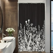 Small Stall Wildflower Plant Shower Curtain 36Wx72H Inch Black Background Botanical Floral Border Herbs Leaves Decor Nature Vintage Bathroom Fabric Polyester Waterproof 7 Pack Plastic Hooks