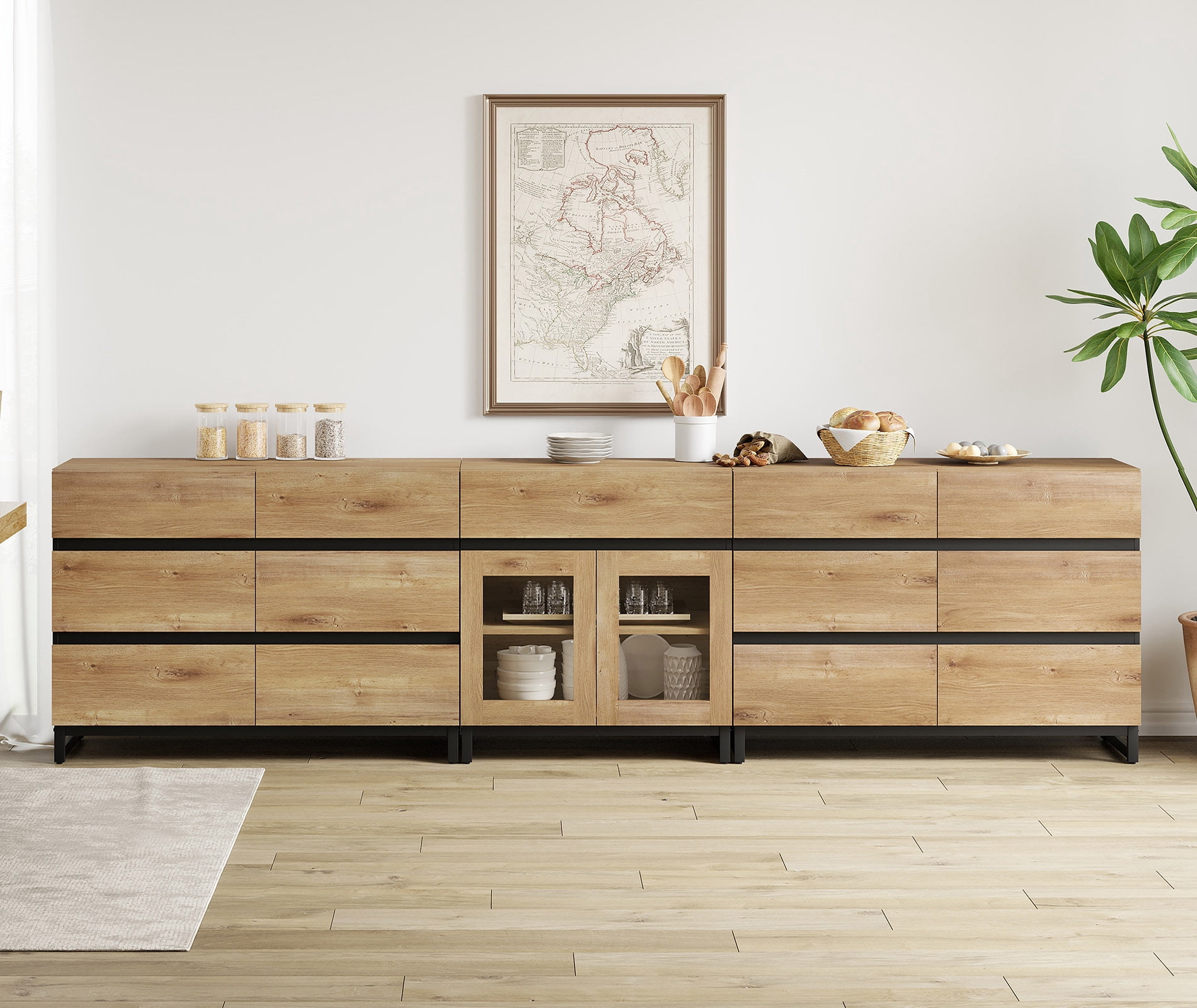 Modern 3-in-1 Sideboard Cabinet, Storage Credenza with 13 Drawers, Adjustable Shelf and Transparent Glass Doors, Sturdy Metal Base Coffee Bar Cabinet for Home Decor,Oak