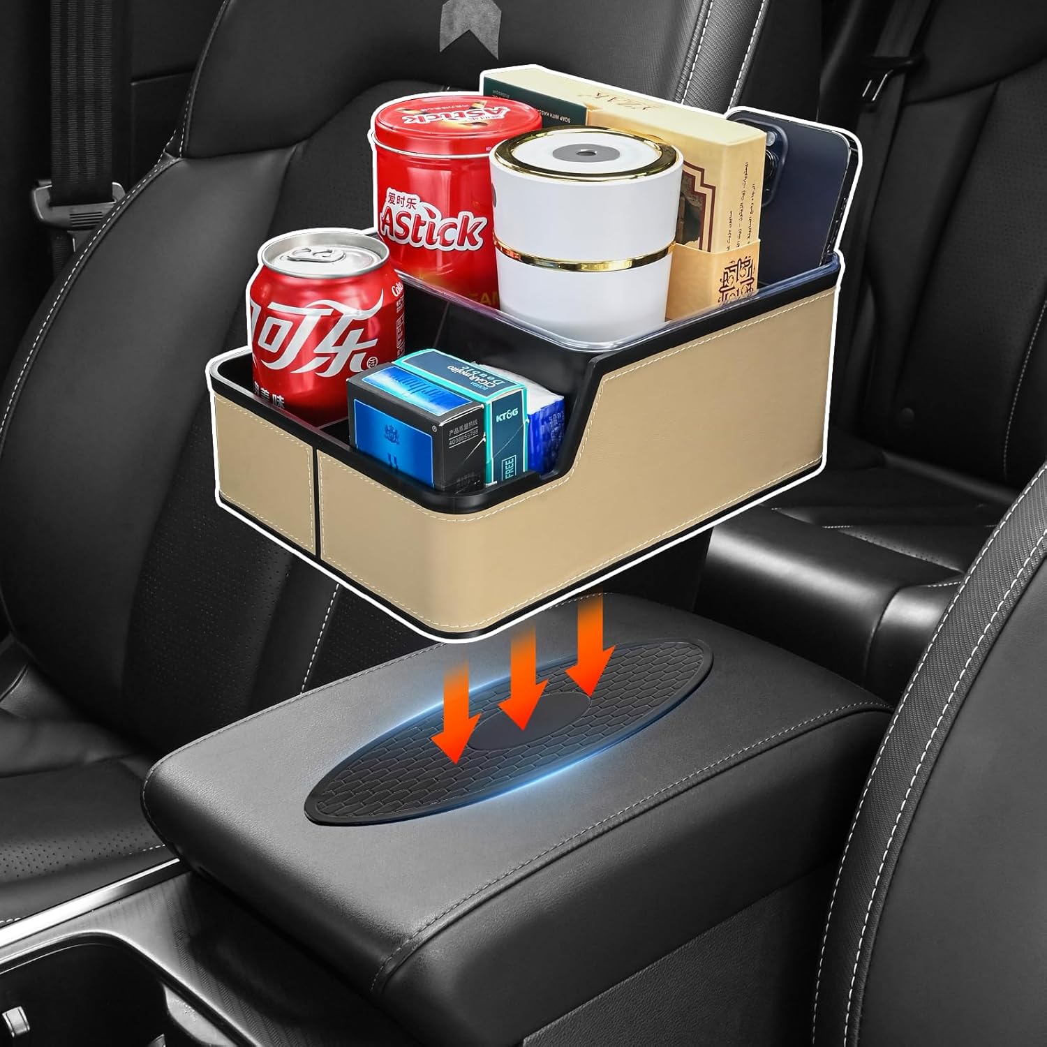 Car Organizer Between Back Seat,Car Armrest Storage Box with Compartment,Multifunctional Front Seat Organizer,Center Console Cup Holder Tray,Car Non-slip Mat(Beige)