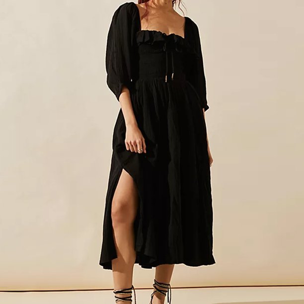 Vestido De Verano Vestido casual de mujer Vestido largo de linterna fluido Vestido de playa de verano con abertura lateral de línea Cgtredaw Negro M para Mujer