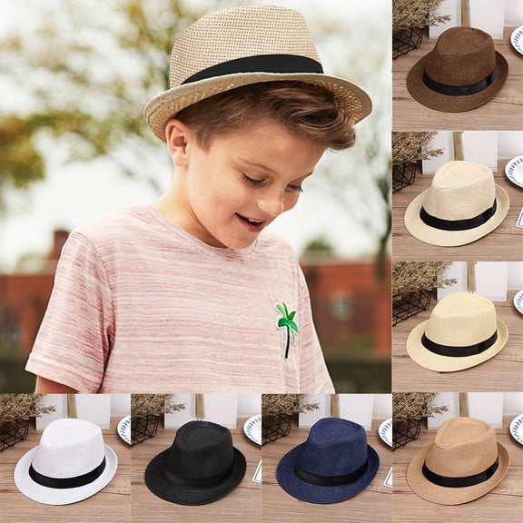 Kids Summer Straw Hat for Toddler Boys Fedora Beach Sun Hat Short Brim Breathable Cool Floppy Panama Hats
