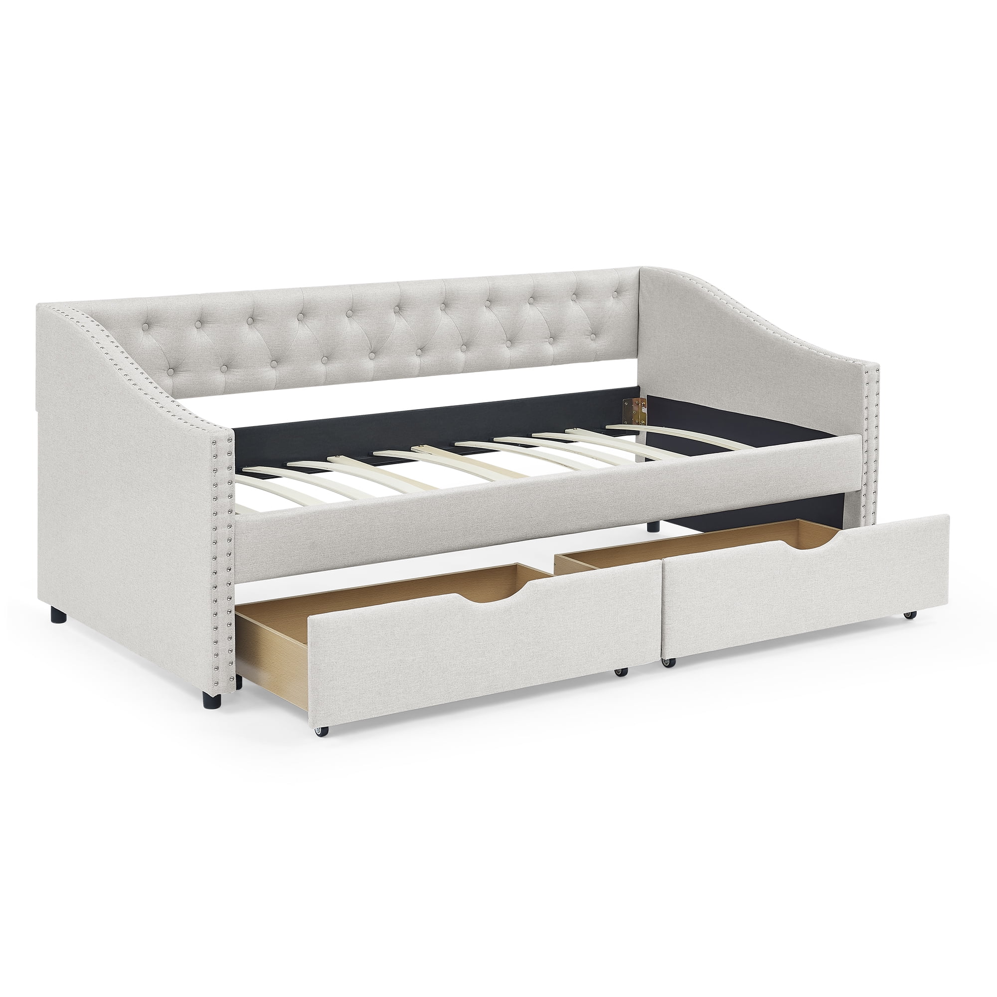 DEALTOPS Twin Size Upholstered Daybed with Two Storage Drawers,Twin Polyester Sofa Bed Storage Daybed Frame for Bedroom Guest Room - Beige