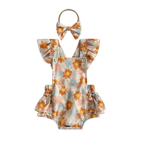 

Infant Baby Girls Romper Dress Flower Print Ruffles Fly Sleeve Ruffles Jumpsuits Summer Casual Bodysuits with Headband