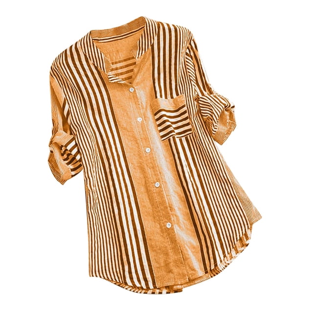 QIPOPIQ Womens Button Down Shirts Striped Classic Long Sleeve Collared Office Work Blouses Tops with Pocket Clearance