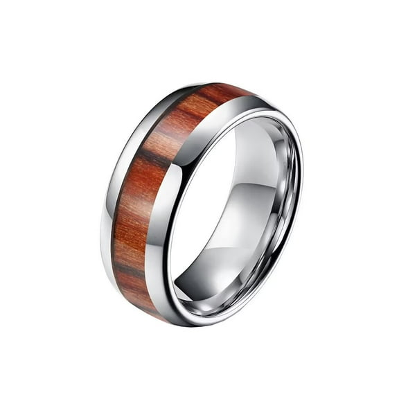 PAMTIER Men's Personality Trendy 8MM Hawaiian Koa Brown Wood Grain Inlay Dome Tungsten Carbide Ring Comfort Fit Wedding Band Silver Size 12