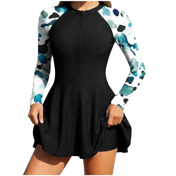 HAPIMO Women's 2-Piece Long Sleeve Swimsuits Half Zipper Dresses Swim Top with Boy Shorts Fashion Swimskirt Summer Beach Bathing Suit with Built-in Bra Pads for Beach Surfing Light Blue XXL